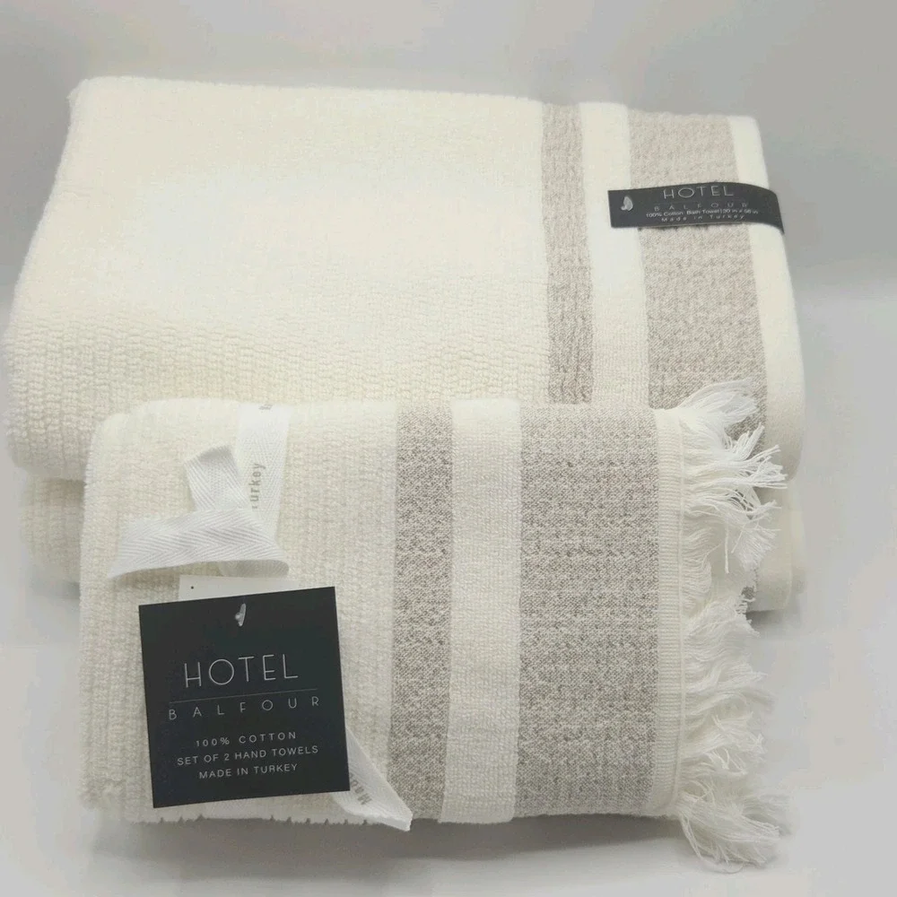Hotel Balfour 4pc Cream And Taupe Turkish Cotton Towel Set 2 Bath 2 Hand Japandi